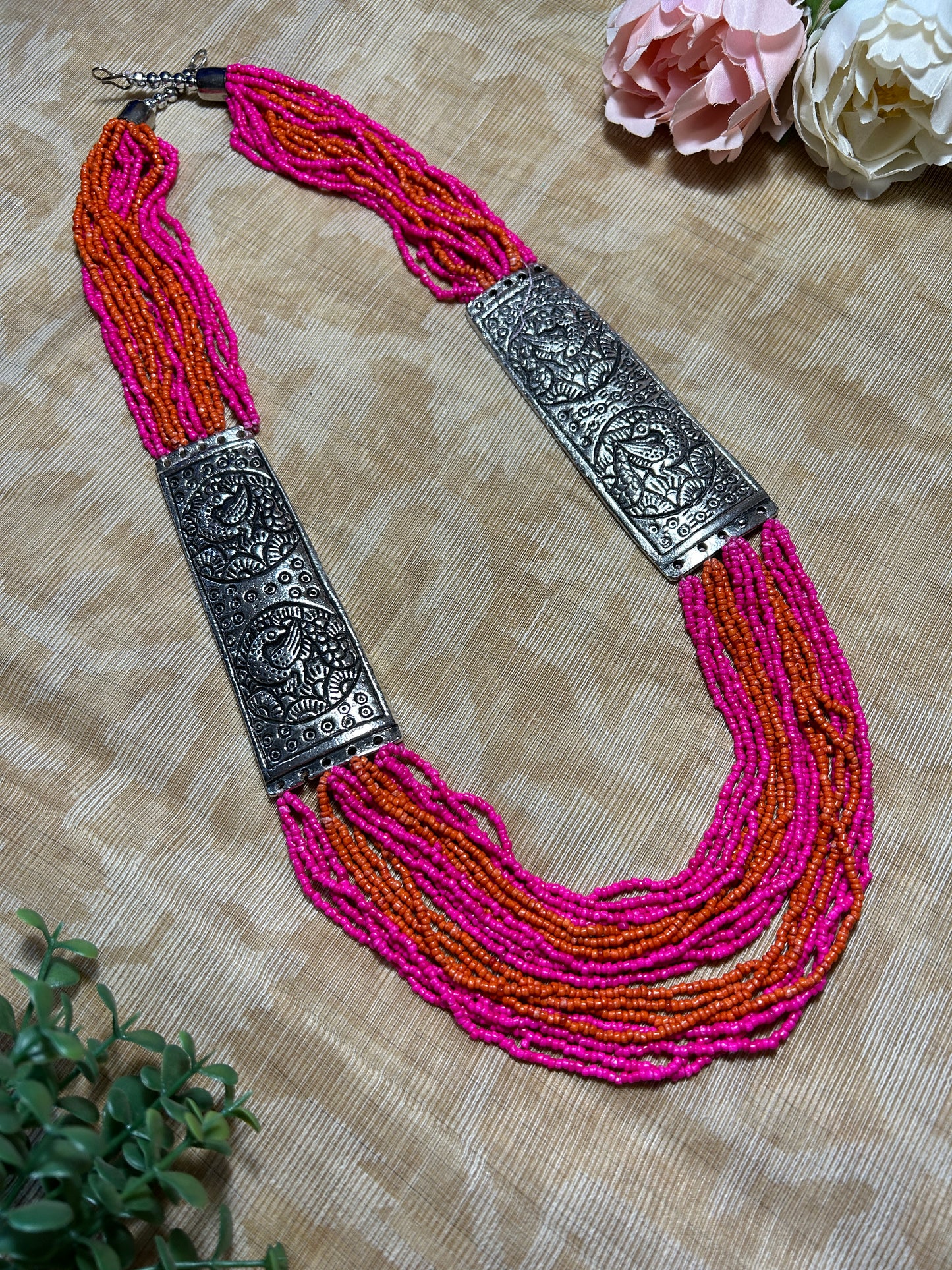 Anaya Magenta and Orange Seed Beads Necklace