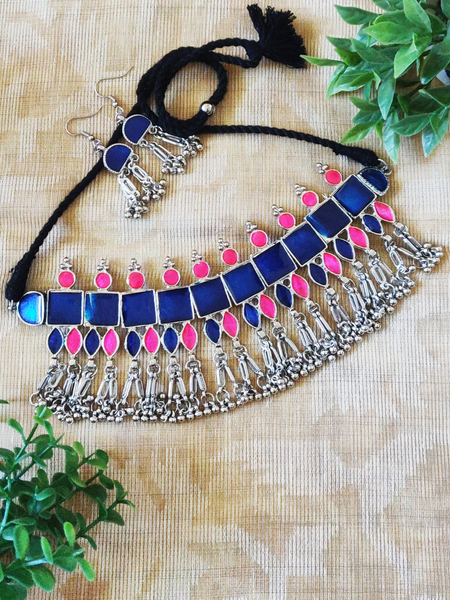 Shama Pink and Blue Afghani Style Necklace Set