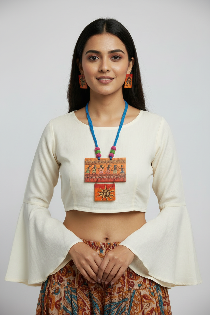 Nritya Multicolor Handpainted Fabric Necklace Set