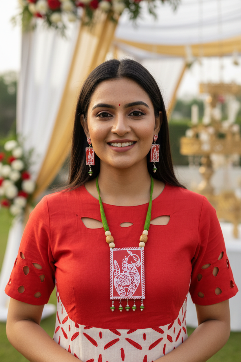 Tuli Red Handpainted Fabric Necklace Set