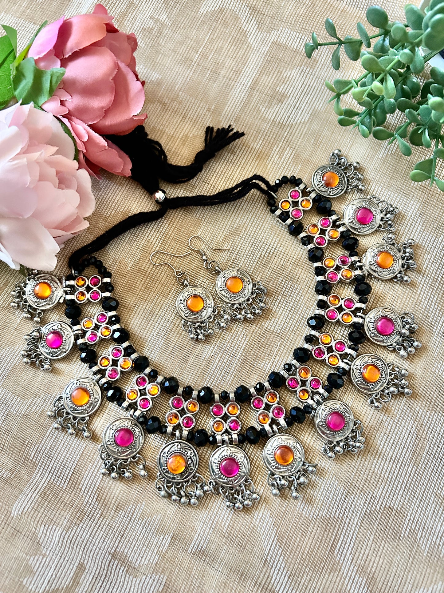 Urvi Orange and Pink Oxidised Necklace Set