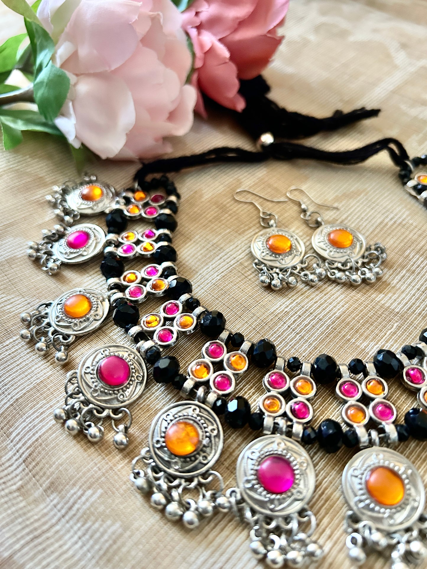 Urvi Orange and Pink Oxidised Necklace Set
