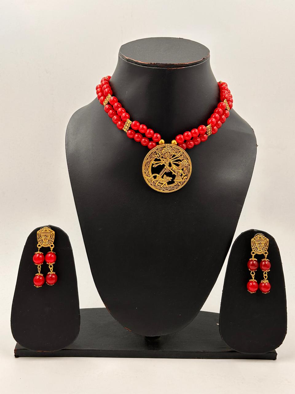 Gauri Red Dokra Necklace Set