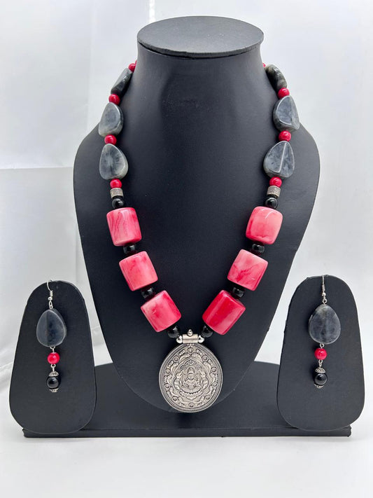 Padma Red and Grey Tribal Necklace Set