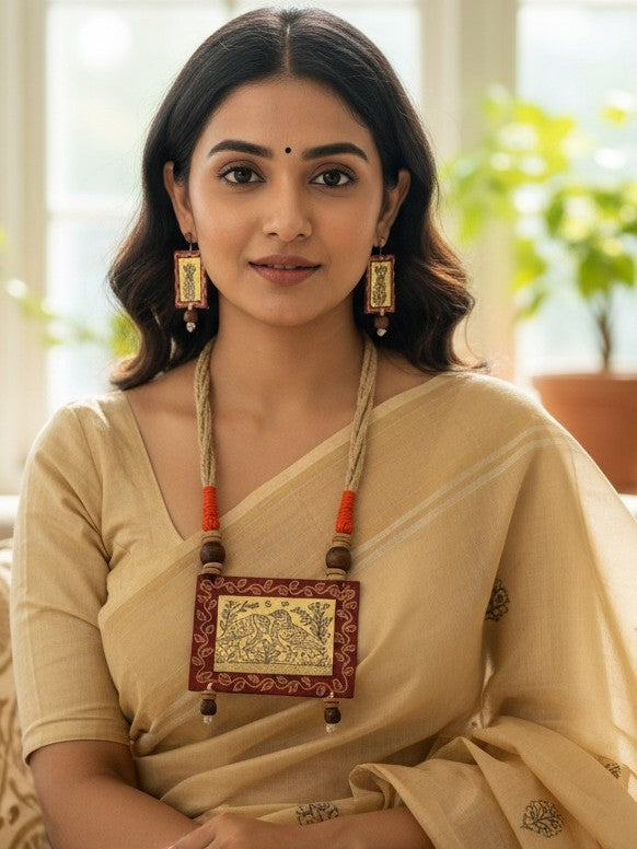 Pakhi Maroon Handpainted Fabric Necklace Set