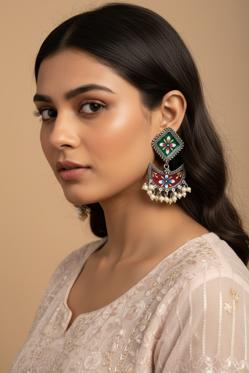 Vanya Green Mehroon Handpainted Earrings