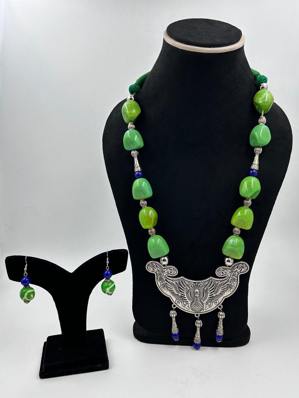 Tribal Touch Green Oxidised Peacock Necklace Set