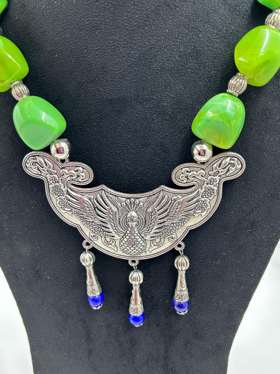 Tribal Touch Green Oxidised Peacock Necklace Set