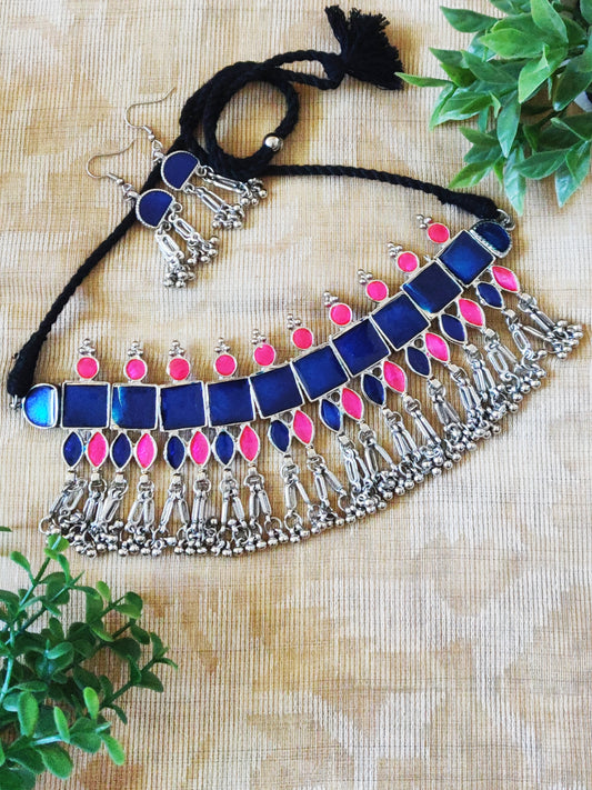 Shama Pink and Blue Enameled Afghani Style Necklace Set