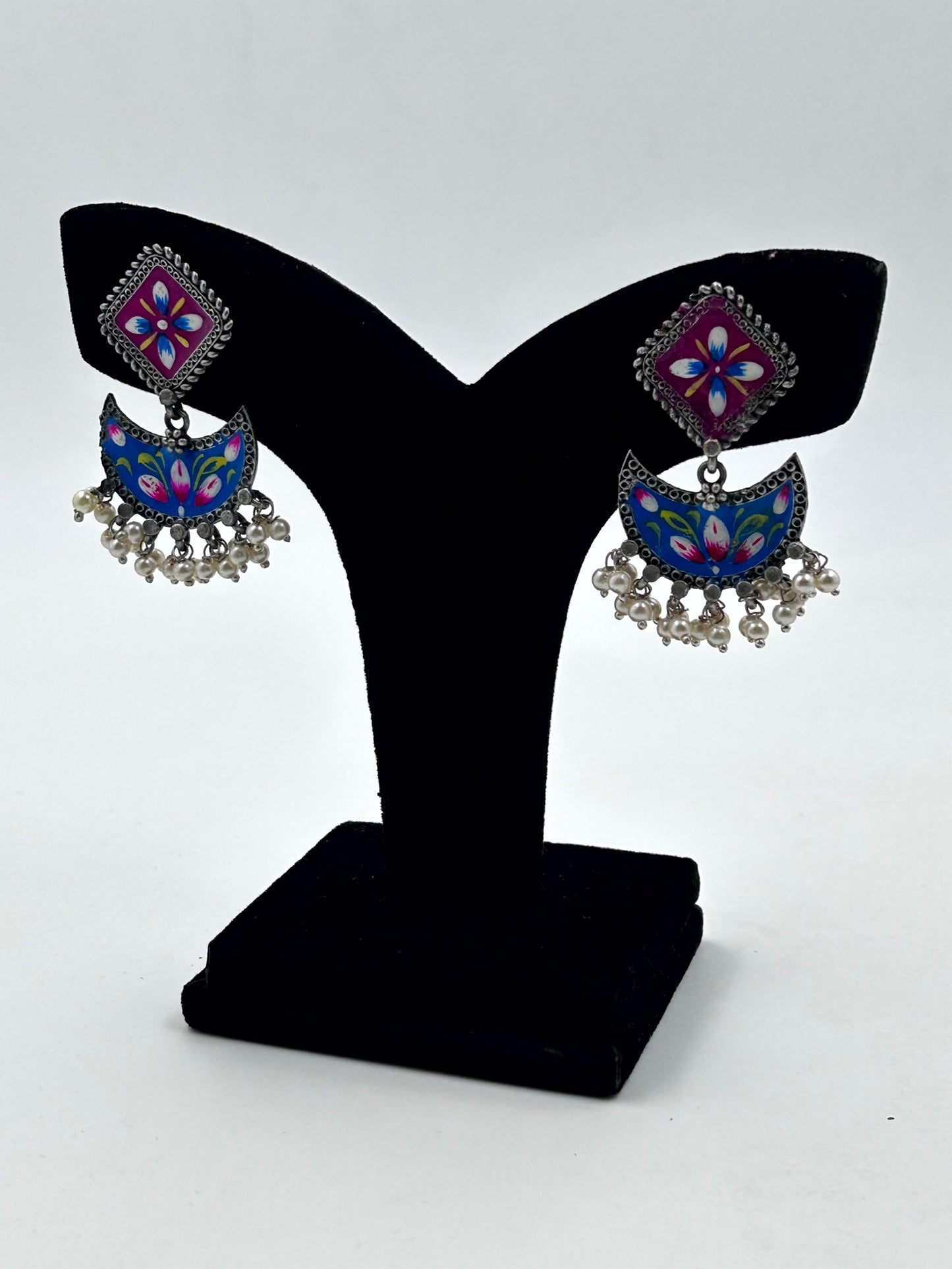 Vanya Blue and Pink Handpainted Earrings