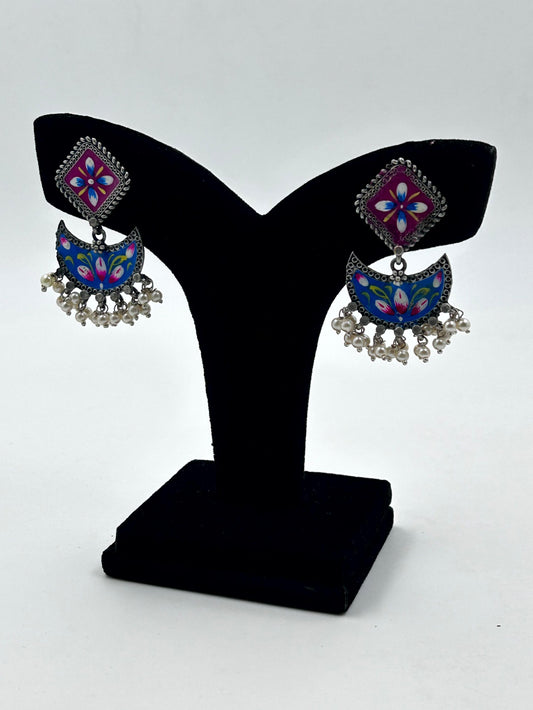 Vanya Blue and Pink Handpainted Earrings