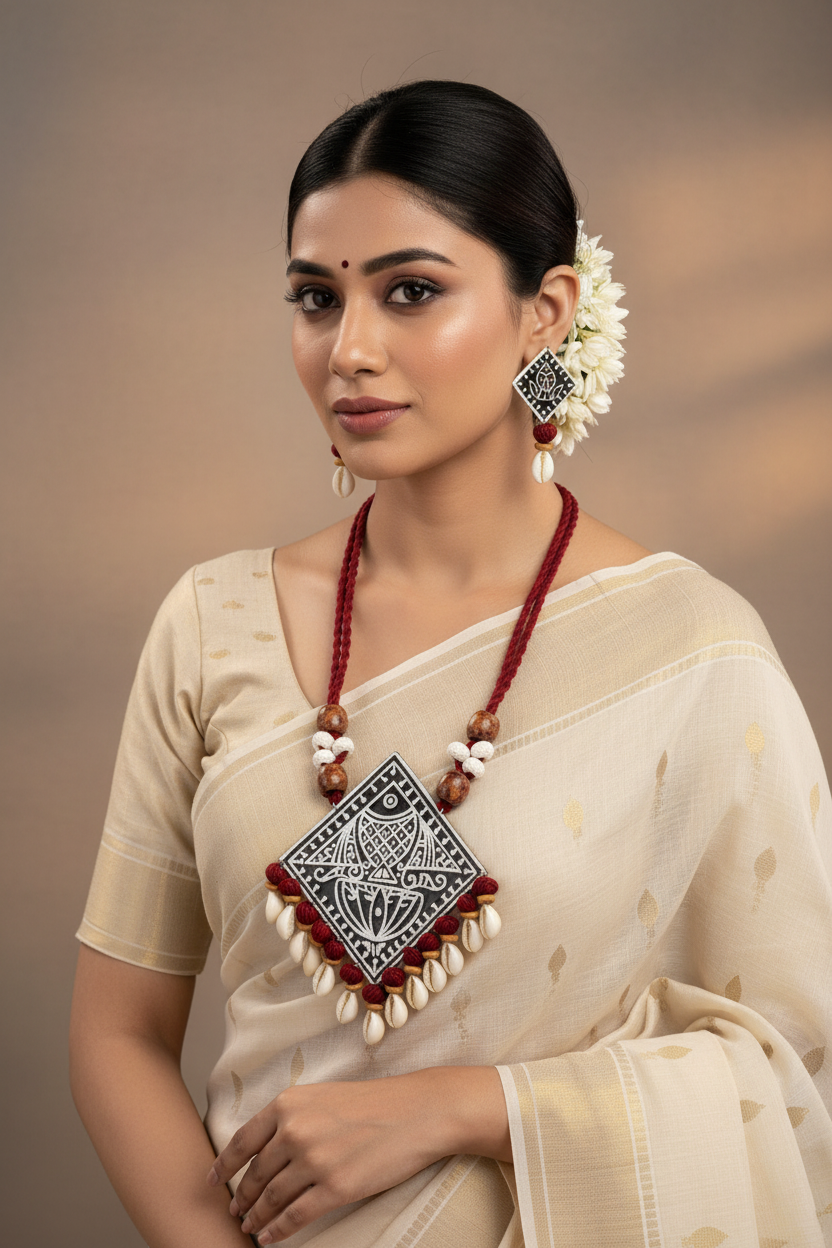 Meenal Black Handpainted Fabric Necklace Set