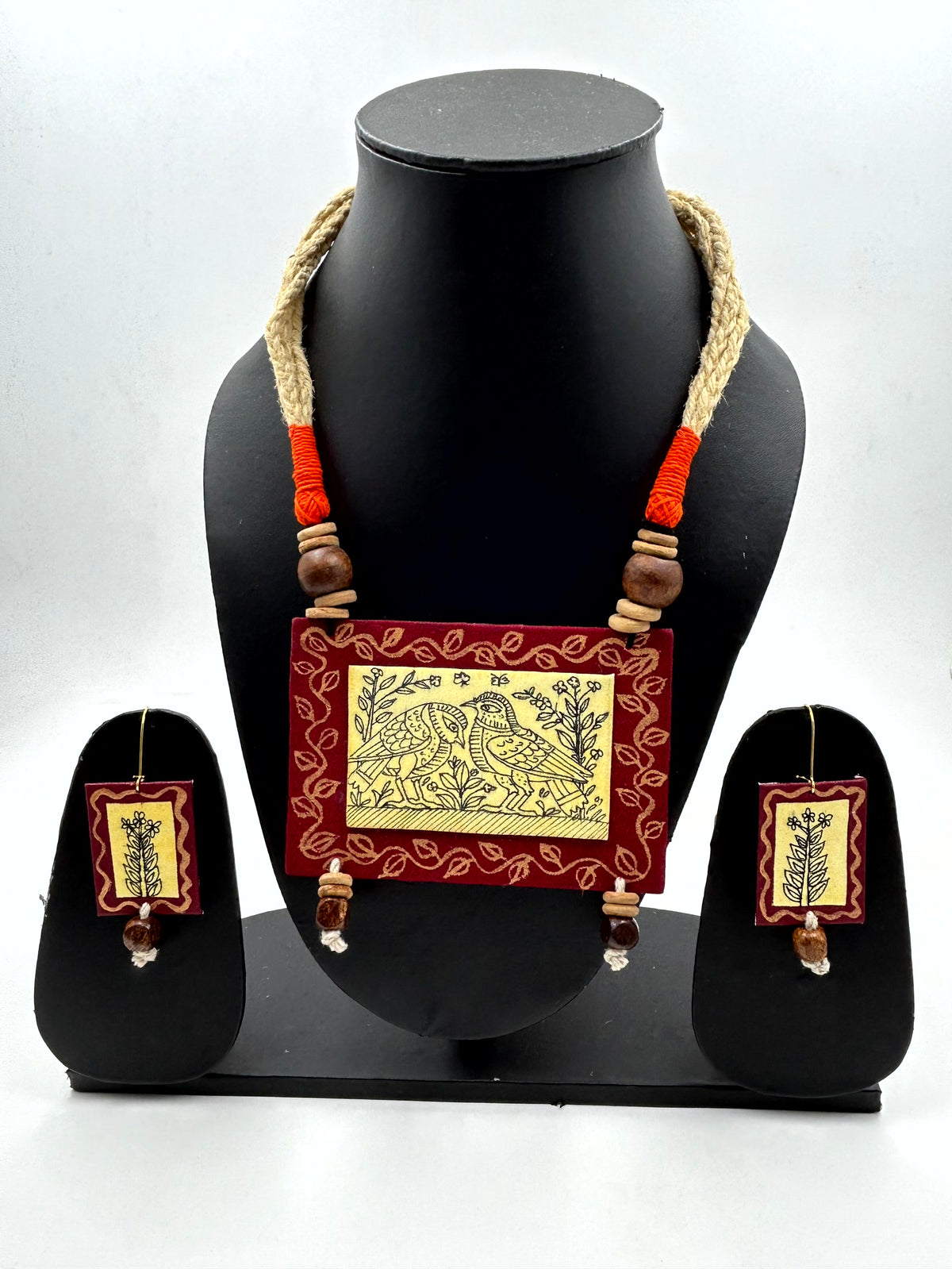 Pakhi Maroon Handpainted Fabric Necklace Set