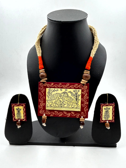 Pakhi Maroon Handpainted Fabric Necklace Set