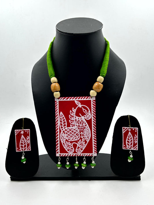 Tuli Red Handpainted Fabric Necklace Set