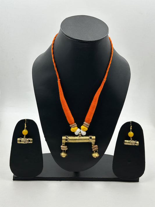 Vanya Orange Dokra Necklace Set
