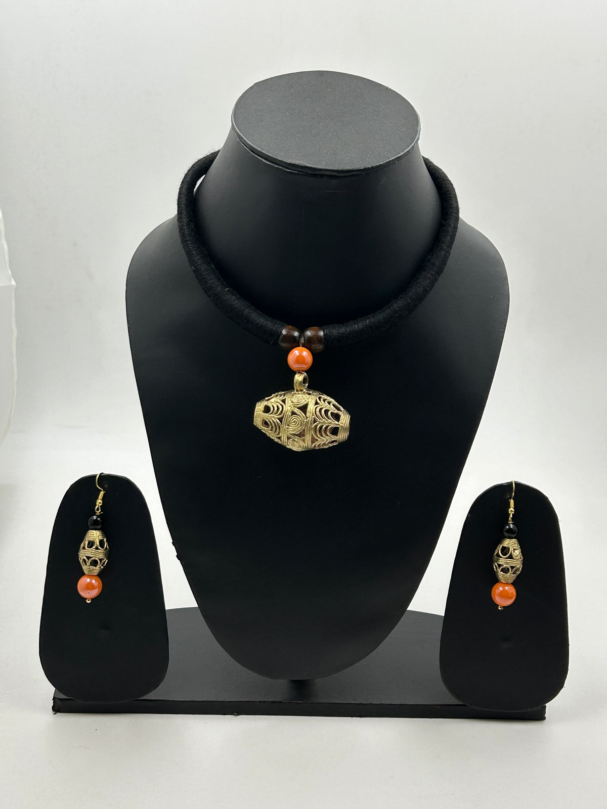 Elara Black Dholak Dokra Necklace Set with Matching Earrings – Full View on Mannequin