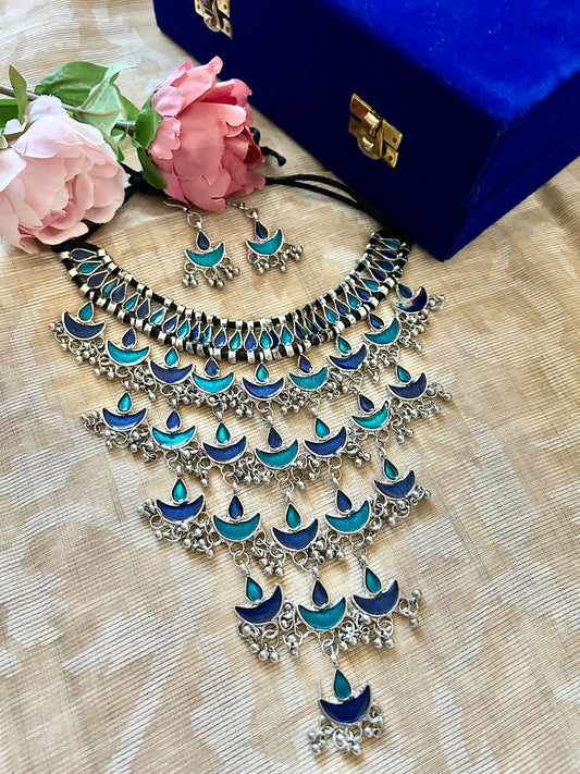 Long Blue Afghani Style Necklace Set