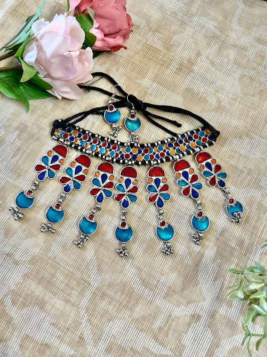 Shama Red and Blue Enameled Oxidised Afghani Style Necklace Set