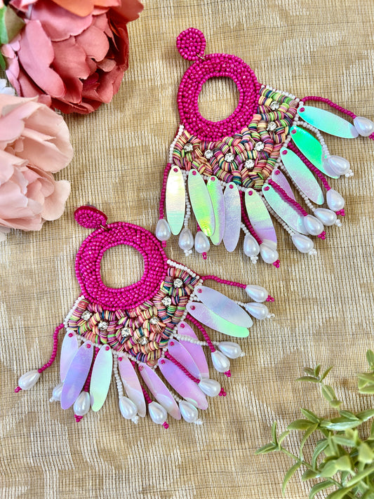 Simmi Pink Embroidered Beads Earrings