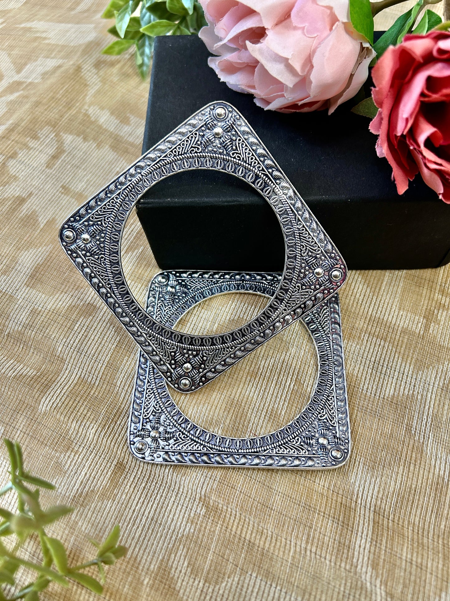 Oxidized Silver Square  Kada set