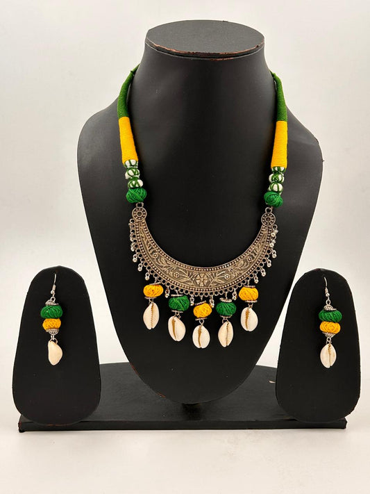 Tribal Touch Green Yellow Hasli Necklace Set