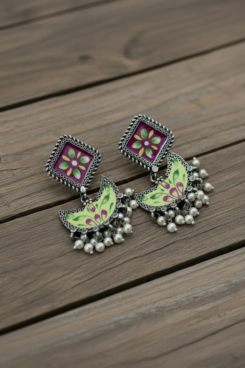 Vanya Pink Light Green Handpainted Earrings