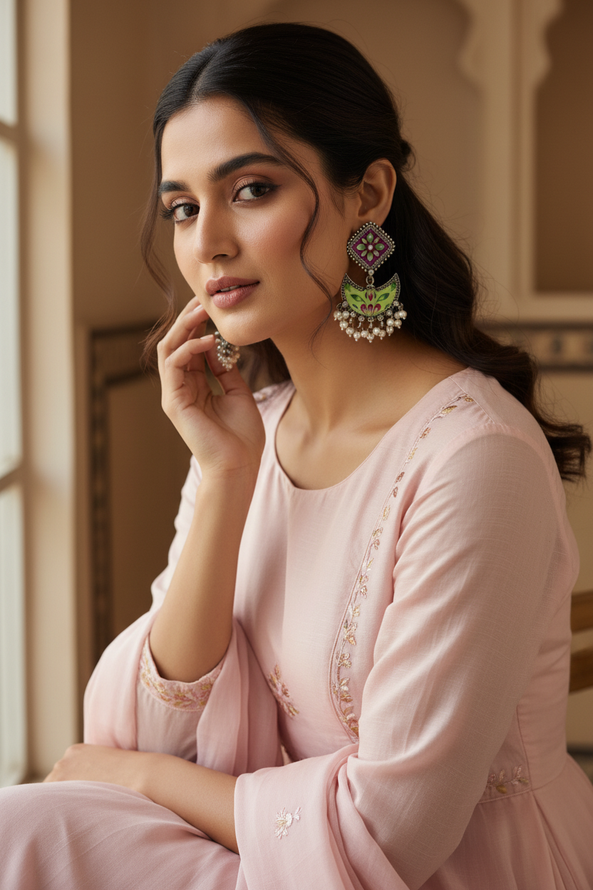 Vanya Pink Light Green Handpainted Earrings