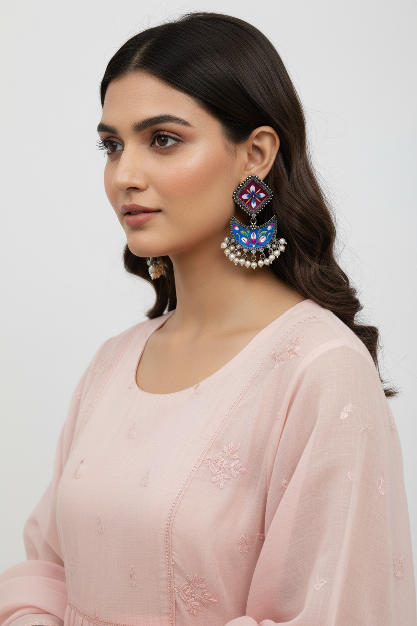 Vanya Blue and Pink Handpainted Earrings