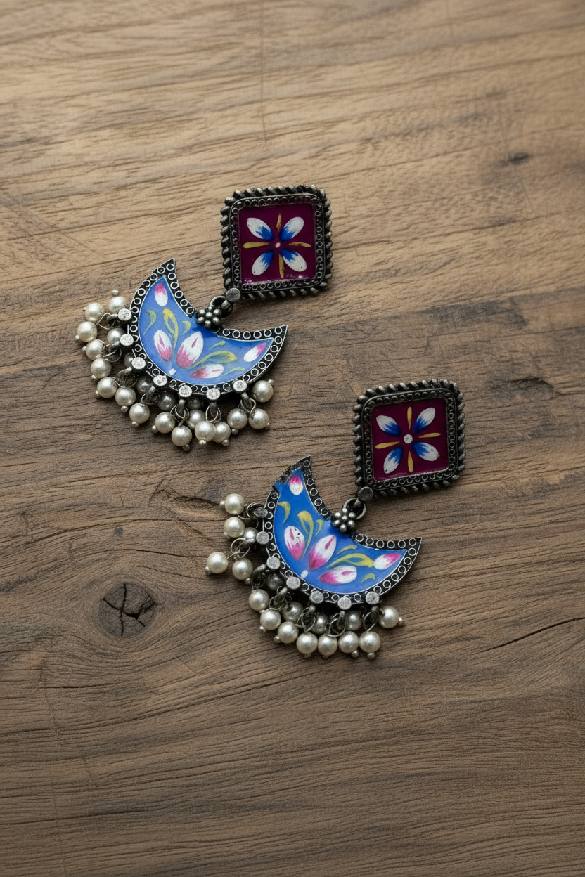 Vanya Blue and Pink Handpainted Earrings