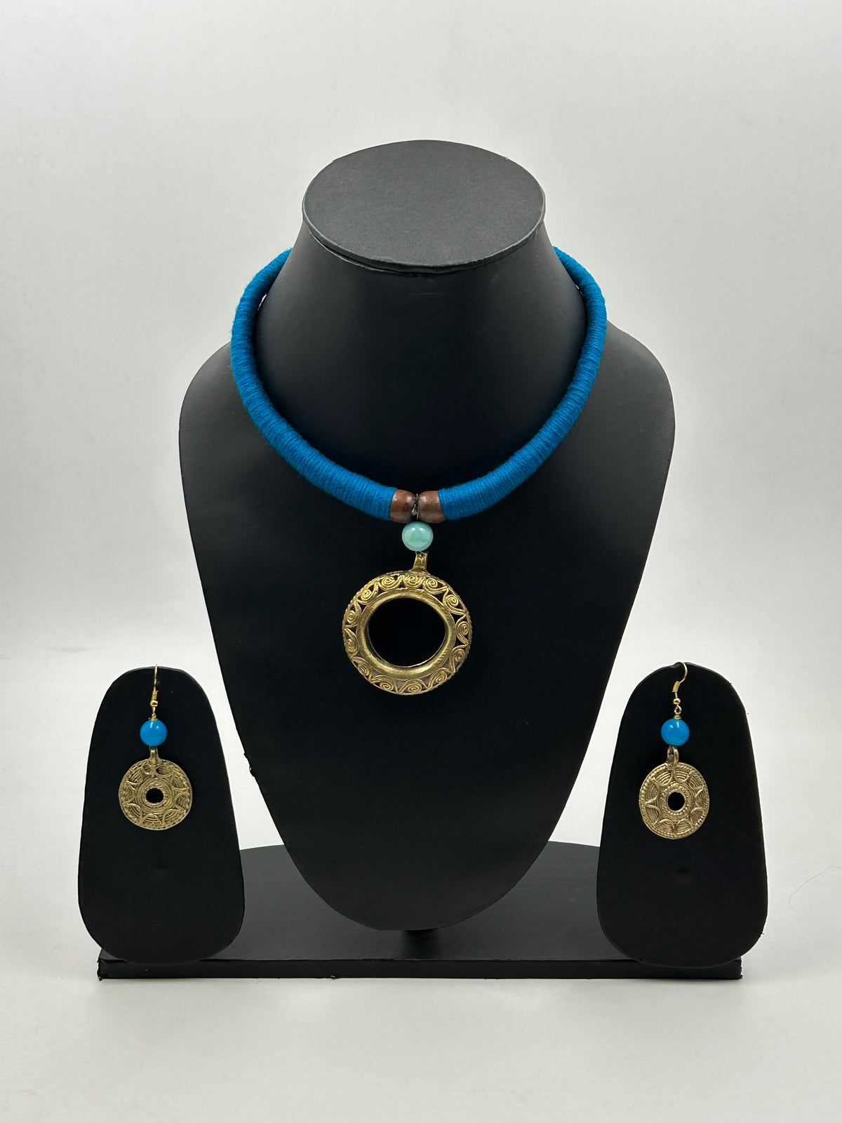 Trisha Blue Dokra Pendant Necklace Set with Matching Earrings – Handcrafted Tribal Jewellery by Aabharan Creations