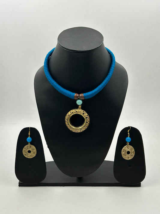 Trisha Blue Dokra Pendant Necklace Set with Matching Earrings – Handcrafted Tribal Jewellery by Aabharan Creations