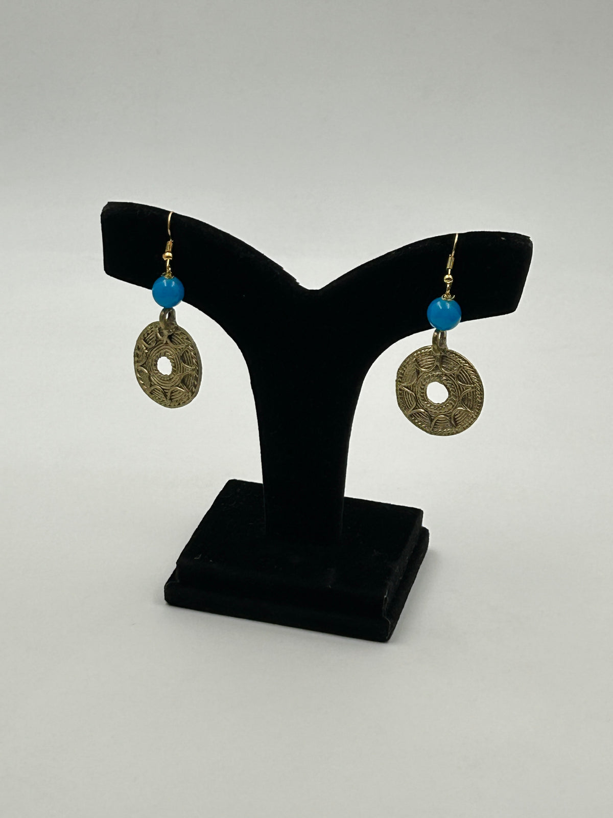 Handmade Round Dokra Earrings with Blue Bead Accents – Tribal Ethnic Earrings by Aabharan Creations