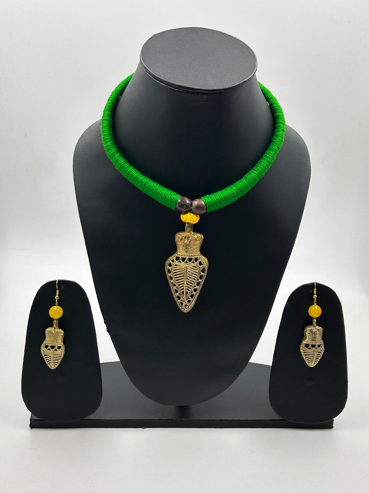 Ulka Green Dokra Owl Necklace Set with Matching Owl Earrings – Full Mannequin View