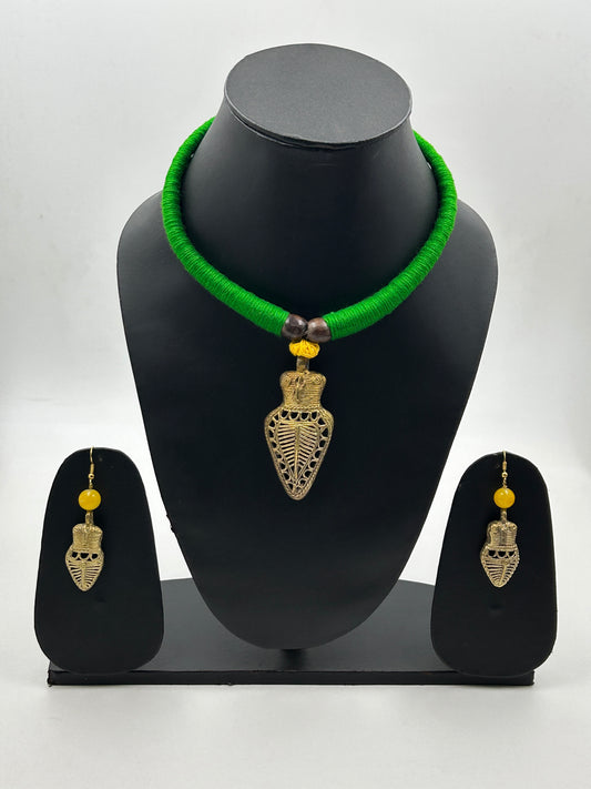 Ulka Green Dokra Owl Necklace Set with Matching Owl Earrings – Full Mannequin View